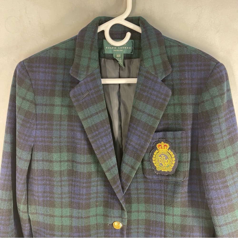 Lauren Ralph Lauren Wool Cashmere Tartan Blazer Green Navy Size 10 Petite - Picture 7 of 17